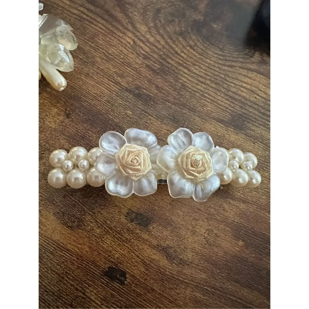 Vintage Silver Tone and Faux Pearl Hair Clip Barrettes Lot Retro Wedding Floral